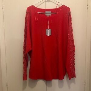 Elegant Red Blouse with Embellished Sleeves